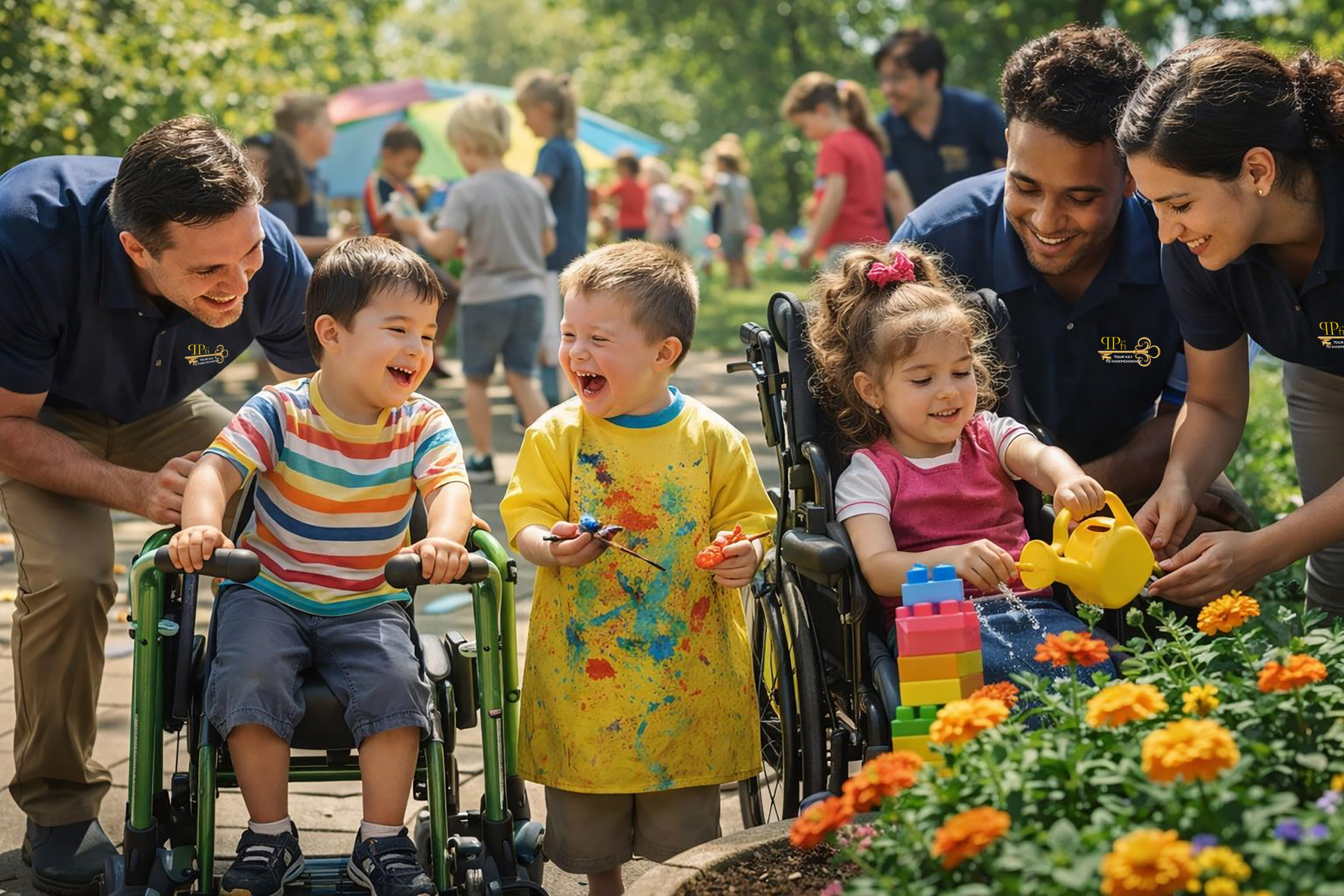Children participating in outdoor community inclusion and gardening activities