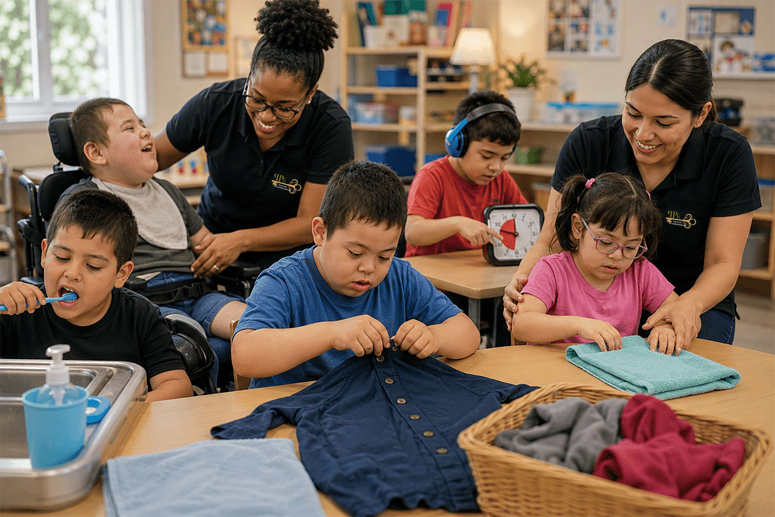 Children and caregivers engaged in daily activities supporting independent living